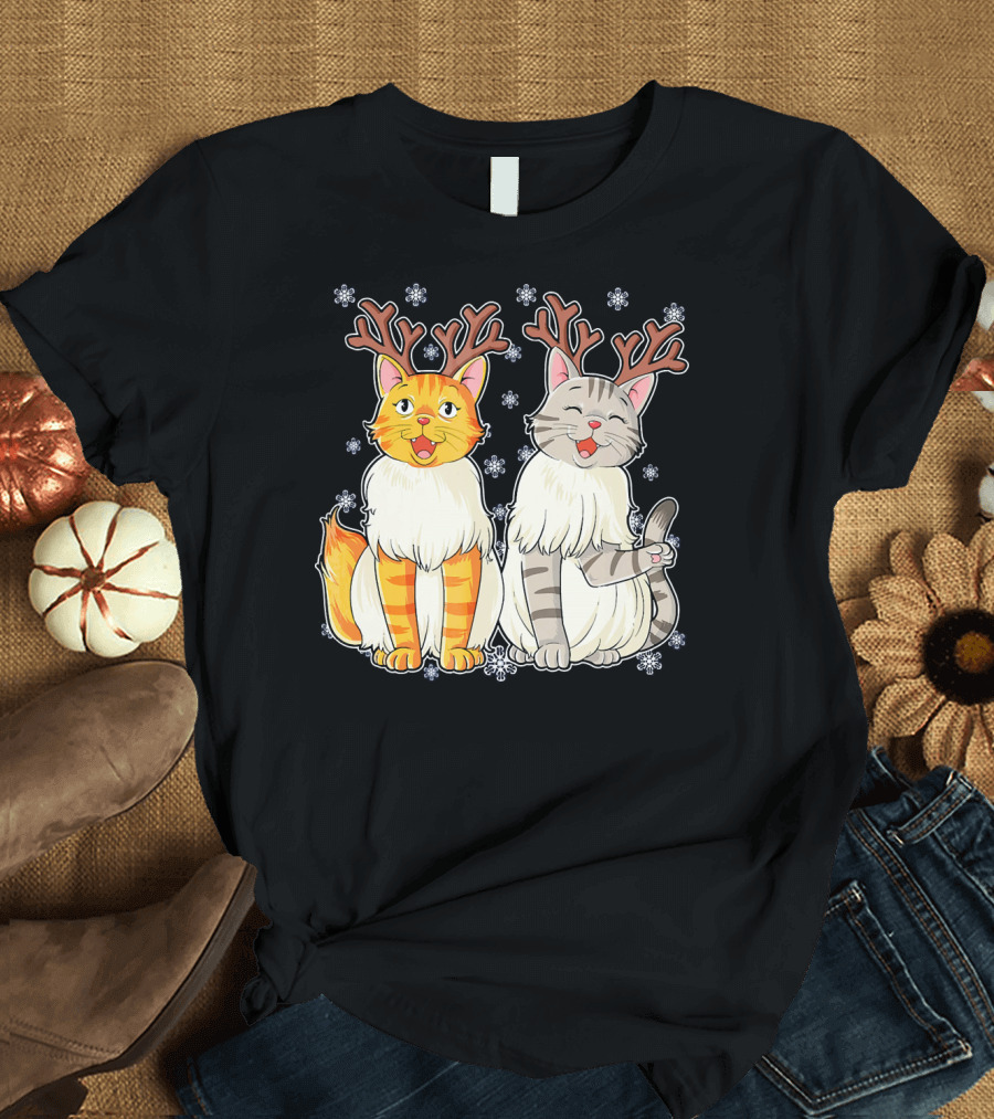 Funny Christmas Cat Reindeer with Snowflakes T-Shirt
