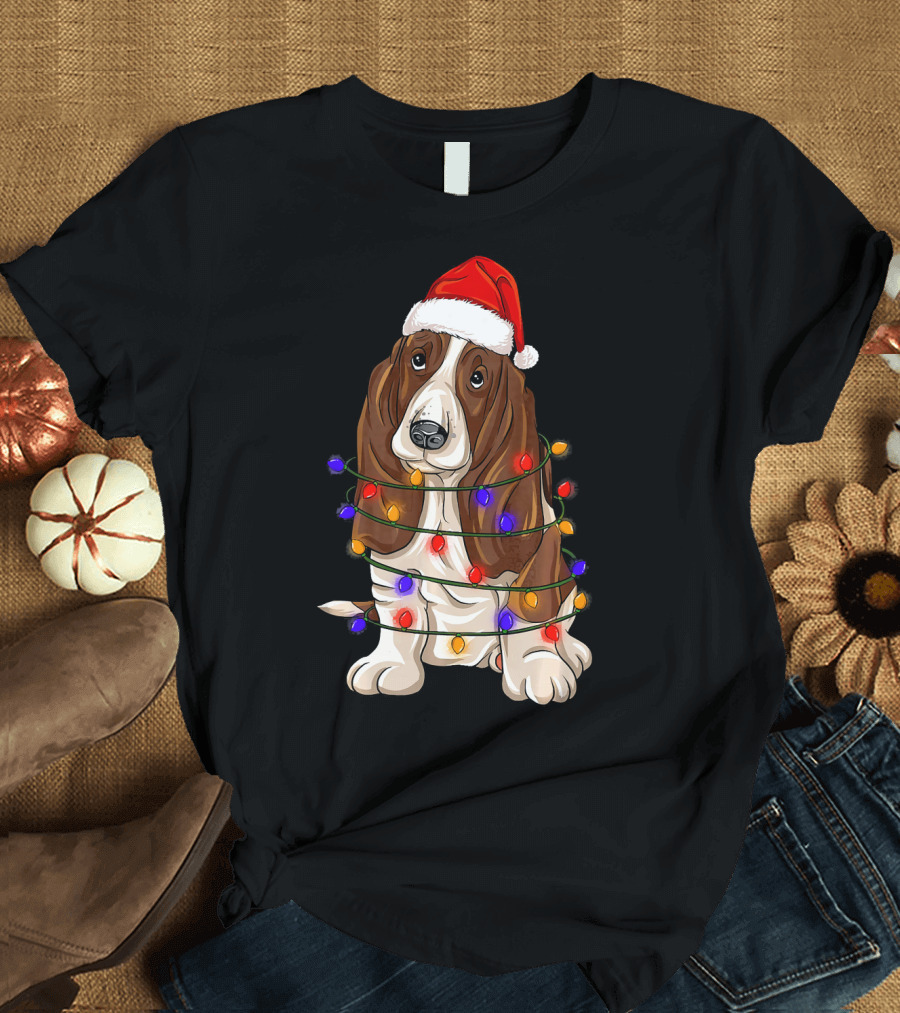 Basset Hound Santa Hat Wrapped in Christmas Lights T-Shirt