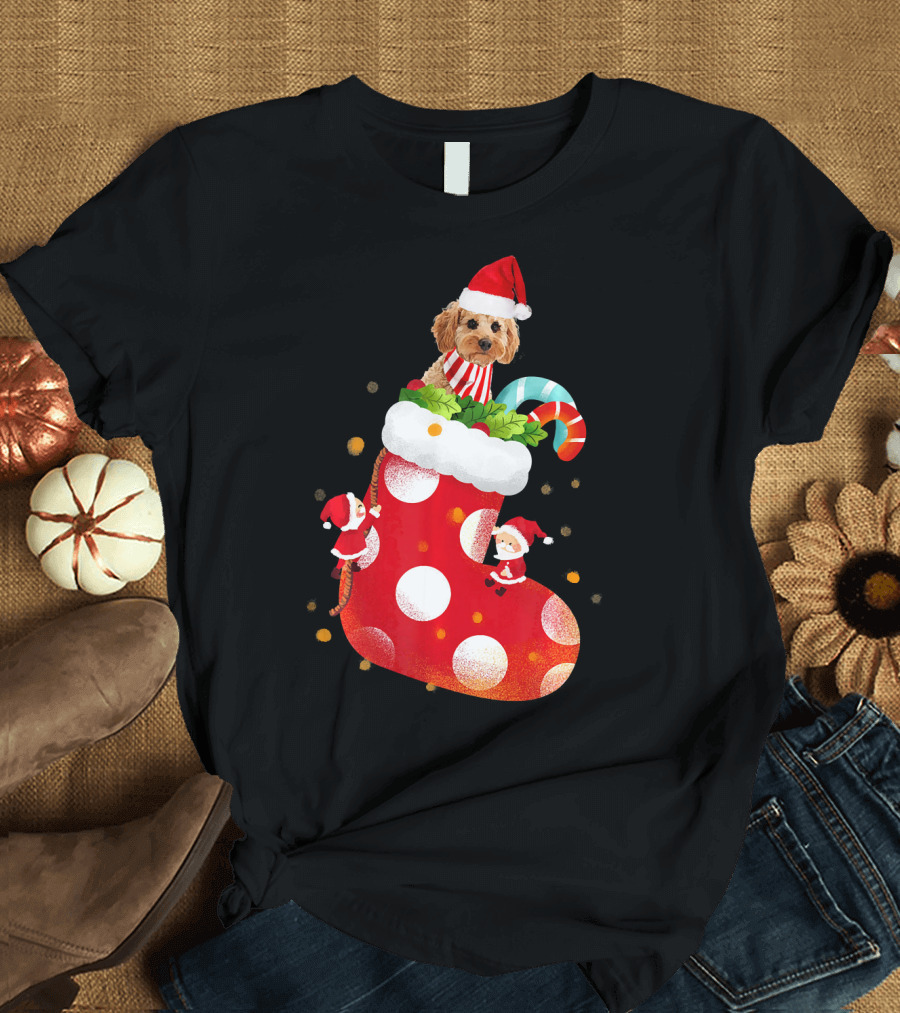 Christmas Cockapoo Dog in Santa Hat with Red Stocking and Candy Cane T-Shirt