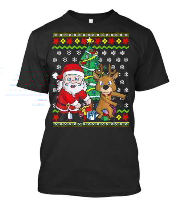 Ugly Christmas Kids Flossing Santa Reindeer Dance With Presents And Tree T-Shirt