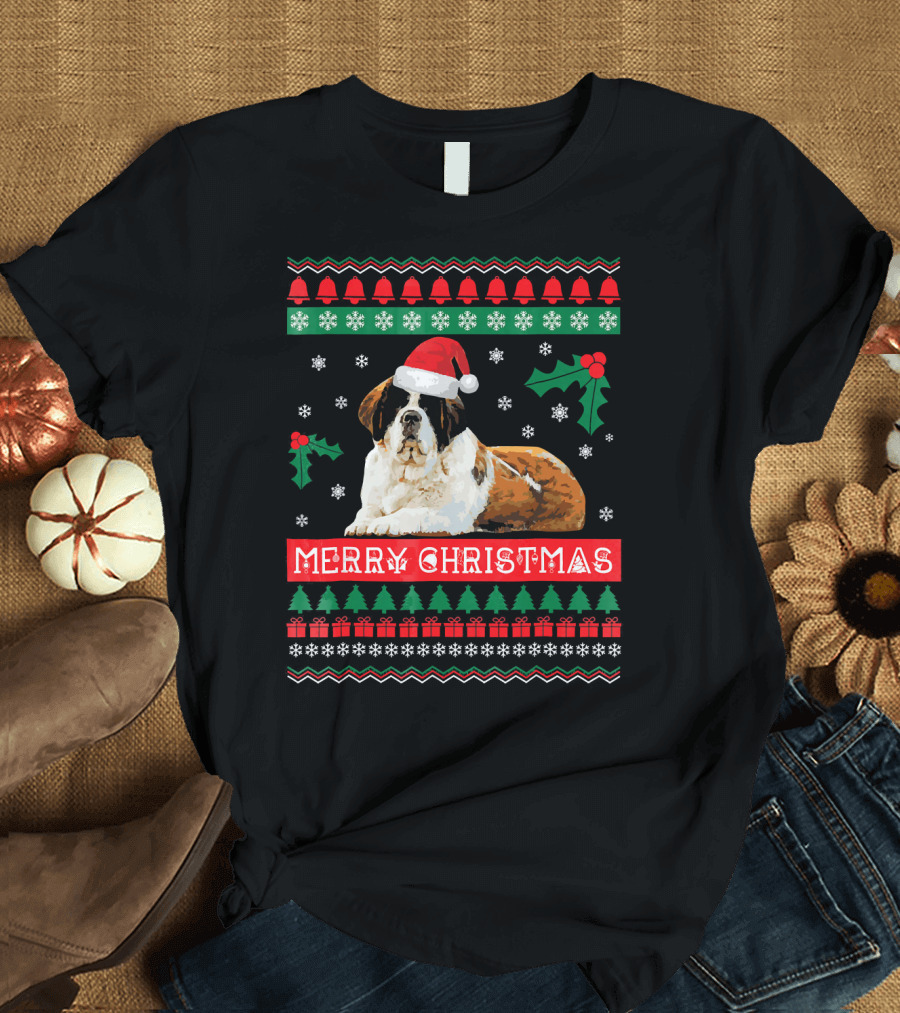 Merry Christmas St Bernard Dog Ugly Sweater Holiday T-Shirt