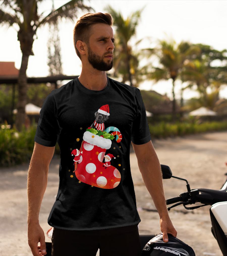 Christmas Cane Corso Dog In Santa Hat With Candy Cane And Stocking T-Shirt