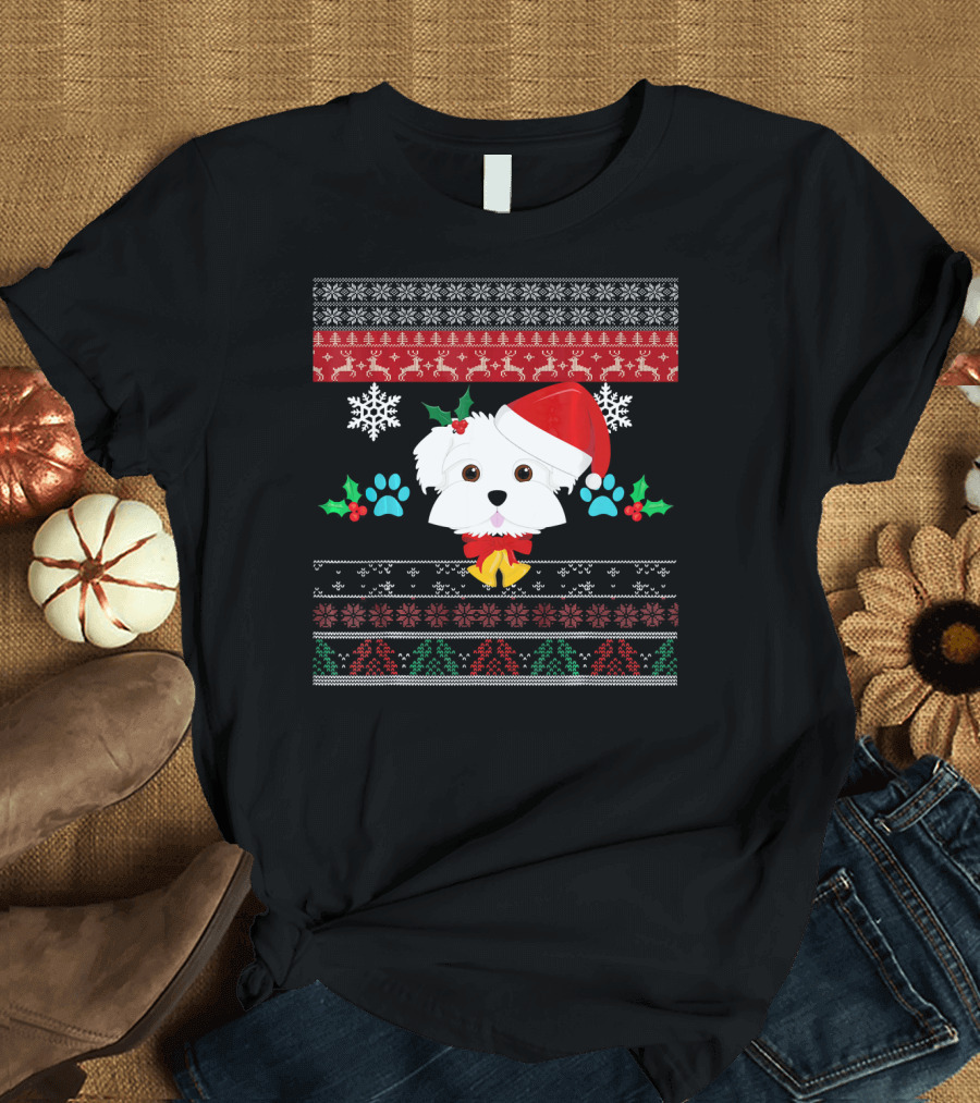 Maltese Dog Santa Hat Ugly Christmas Sweater Pattern Snowflakes Hollys Paws T-Shirt