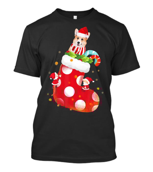 Christmas Corgi Dog In Santa Hat And Striped Scarf In Festive Stocking With Candy Cane T-Shirt