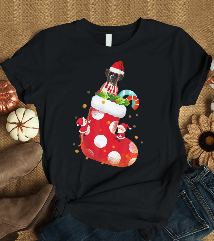 Christmas Boxer Dog Inside Santa Hat Sock with Candy Cane T-Shirt