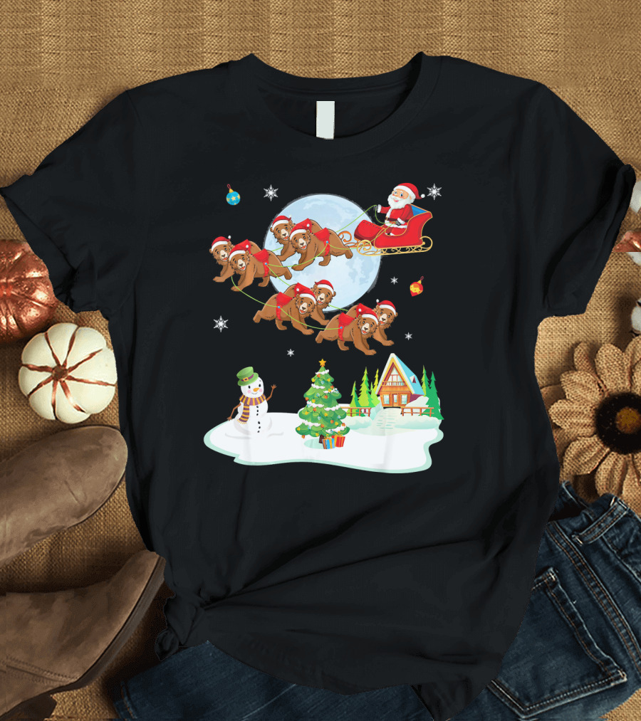 Santa Claus Sleigh with Bears and Snowman by Moonlit Cabin Noel T-Shirt