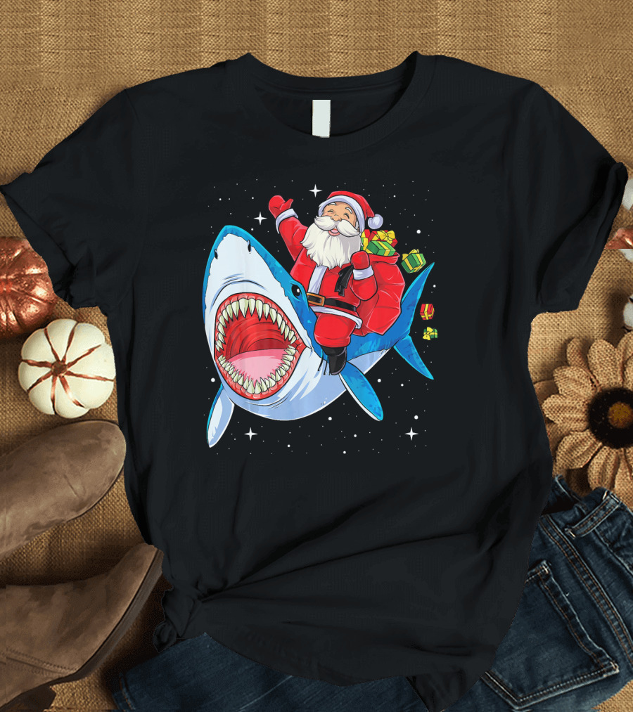 Christmas Kids Santa Riding Shark with Gifts T-Shirt