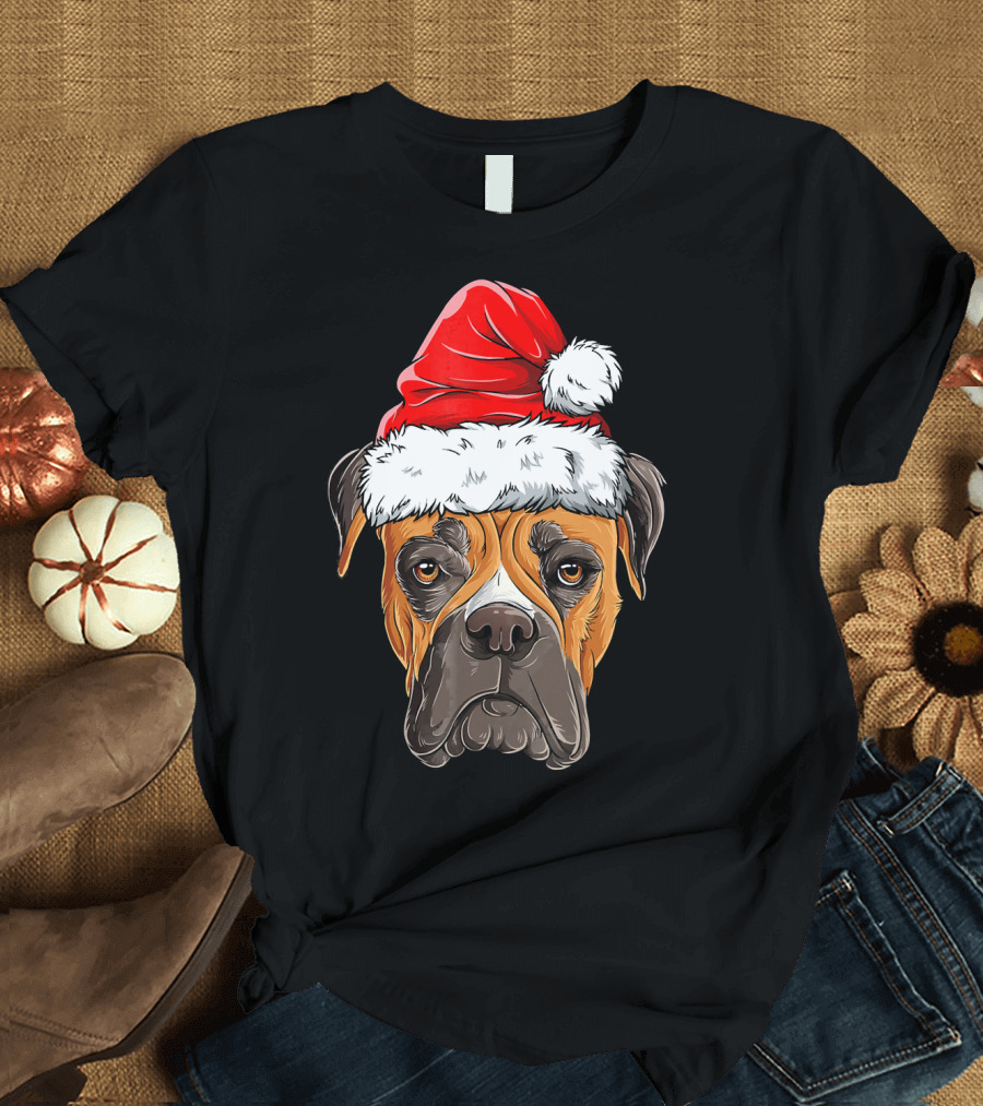 Boxer Dog with Santa Hat Christmas Holiday T-Shirt