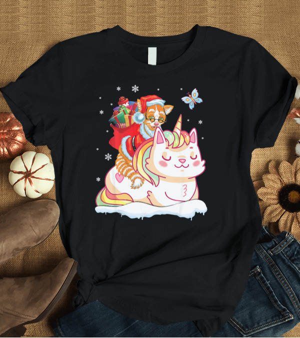T-Shirt: Santa Cat Riding Unicorn with Christmas Presents and Butterfly T-Shirt Santa Cat Riding Unicorn with Christmas Presents and Butterfly T-Shirt