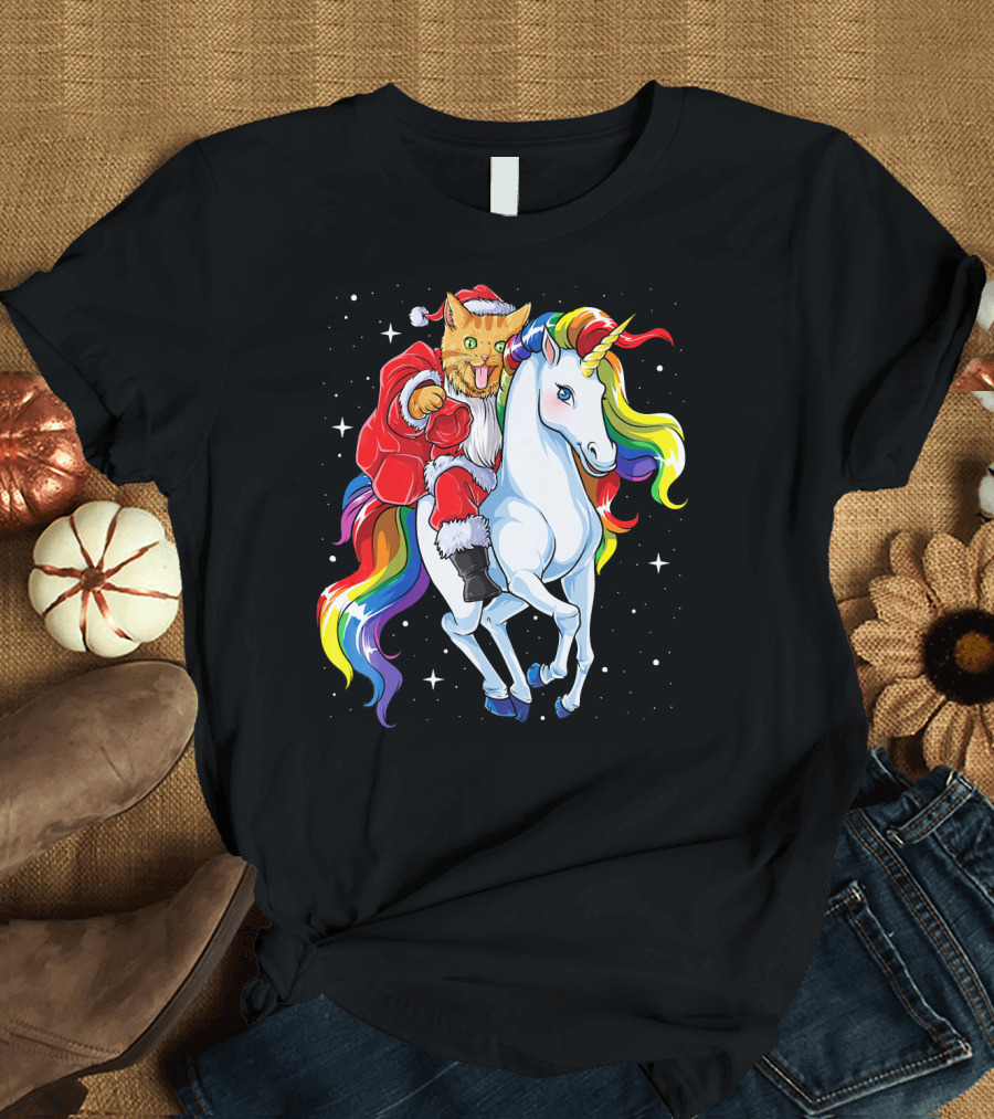 Cat Santa Riding Rainbow Unicorn Christmas Girl T-Shirt