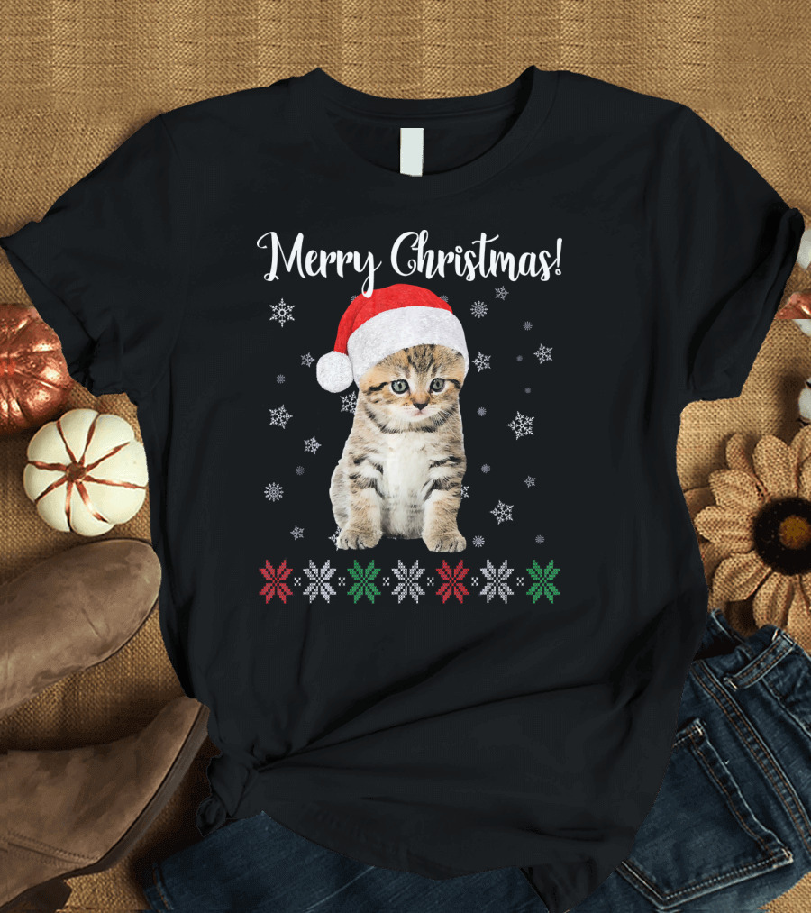 Merry Christmas Cat Wearing Santa Hat with Snowflakes and Festive Stars T-Shirt