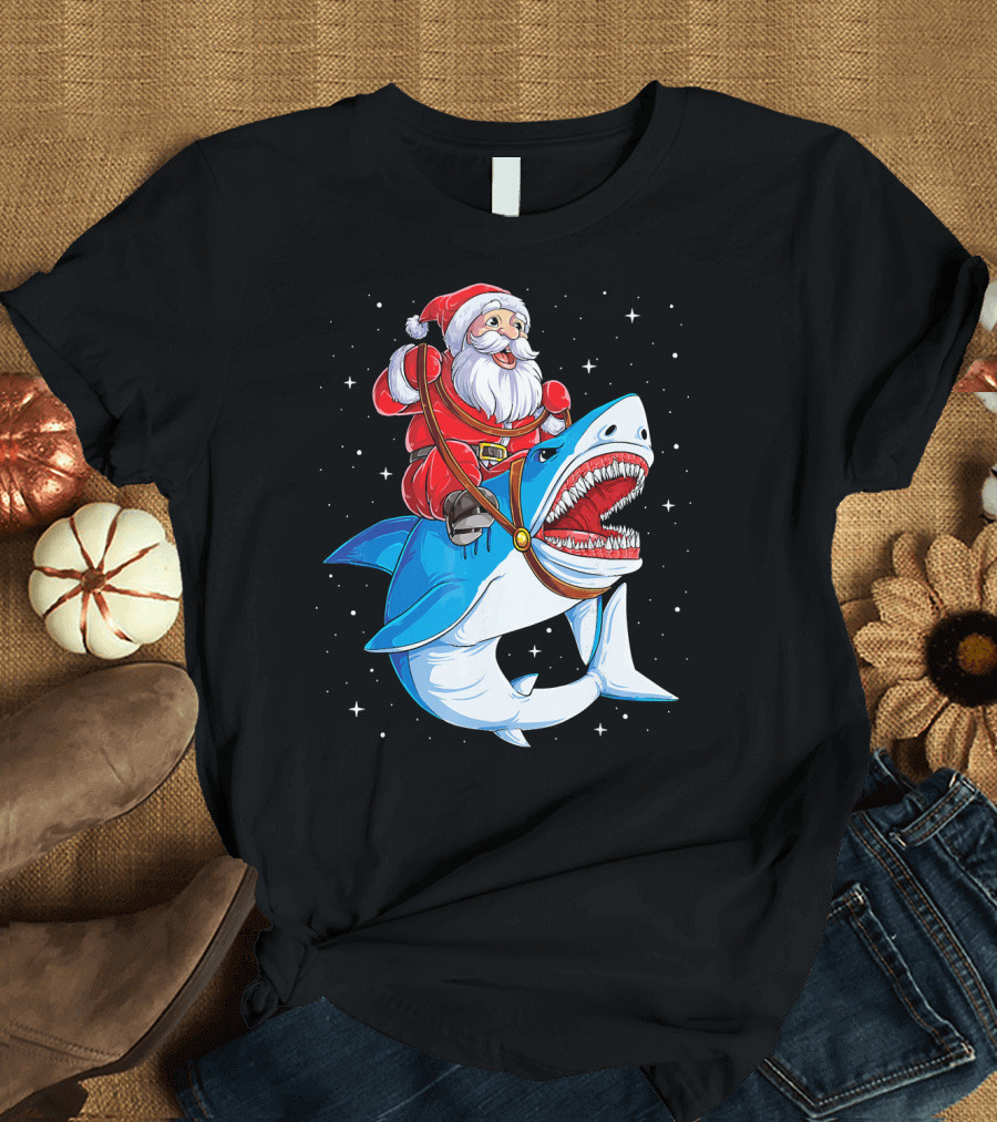 Santa Riding Shark Christmas Boys Santa Shark T-Shirt