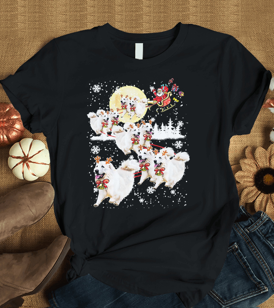 Great Pyrenees Reindeer Santa Christmas with Sleigh and Snowflakes T-Shirt