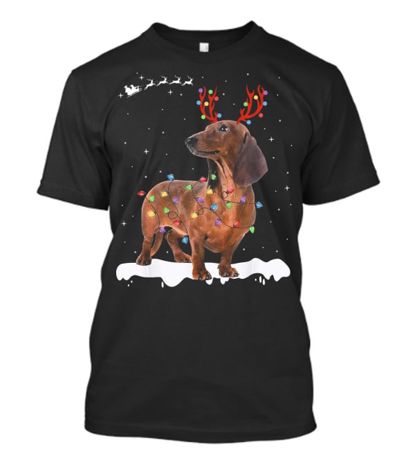 Reindeer Dachshund With Holiday Lights And Santa Sleigh T-Shirt