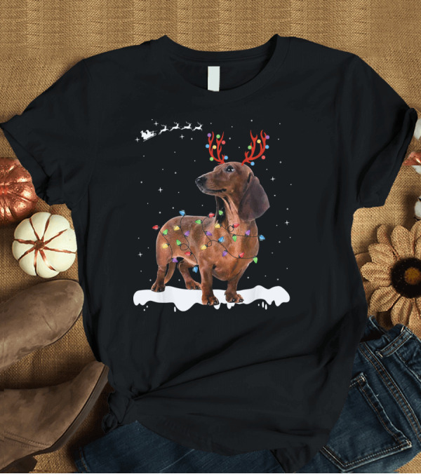 T-Shirt: Reindeer Dachshund with Holiday Lights and Santa Sleigh T-Shirt Reindeer Dachshund with Holiday Lights and Santa Sleigh T-Shirt