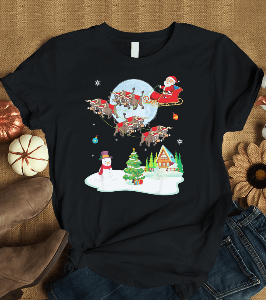 Santa Claus Buffalo Sleigh Snowman Christmas Scene T-Shirt