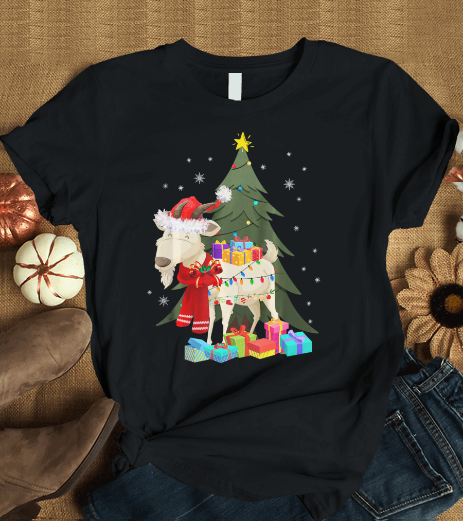 Goat Christmas Lights Funny Goat Santa Hat Presents Tree Snowflakes T-Shirt