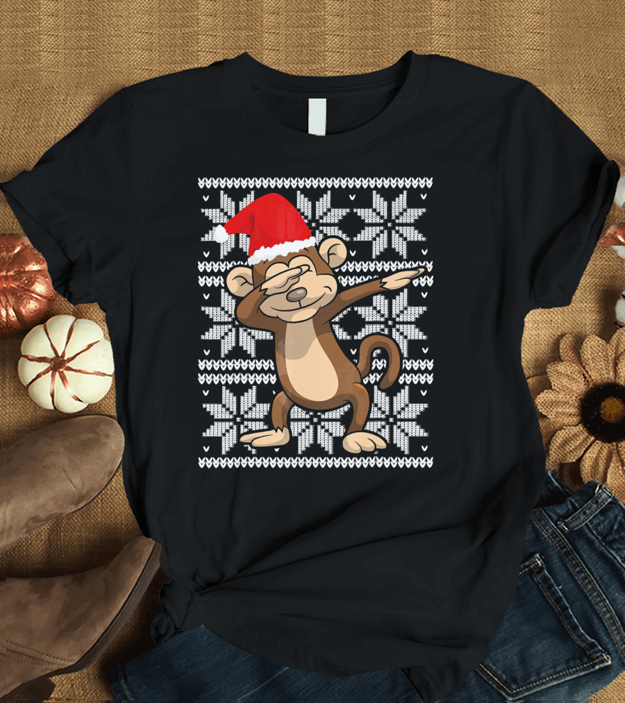UGLY CHRISTMAS Dabbing Monkey Dab Santa Hat Snowflake T-Shirt