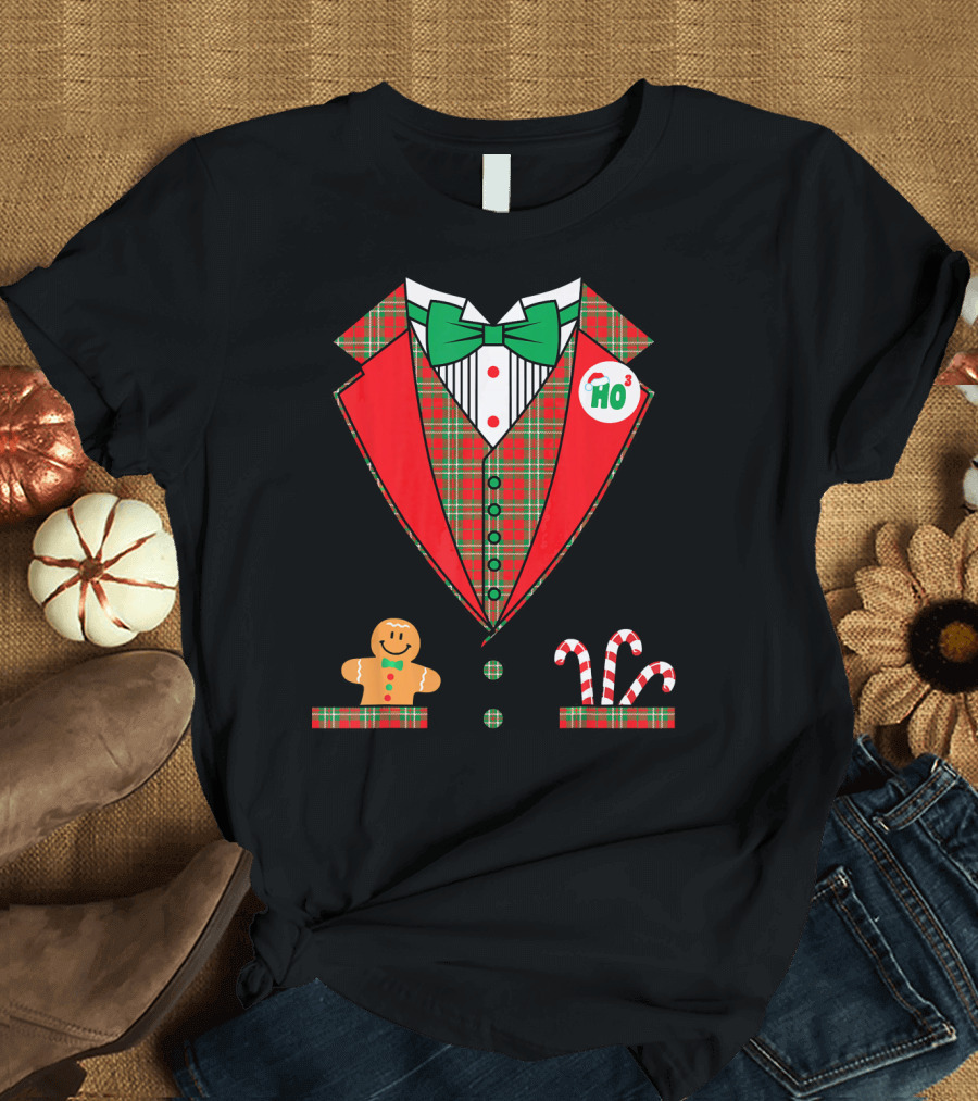 Funny Christmas Costume Tuxedo Ho Ho Ho Bow Tie Gingerbread Candy Cane T-Shirt