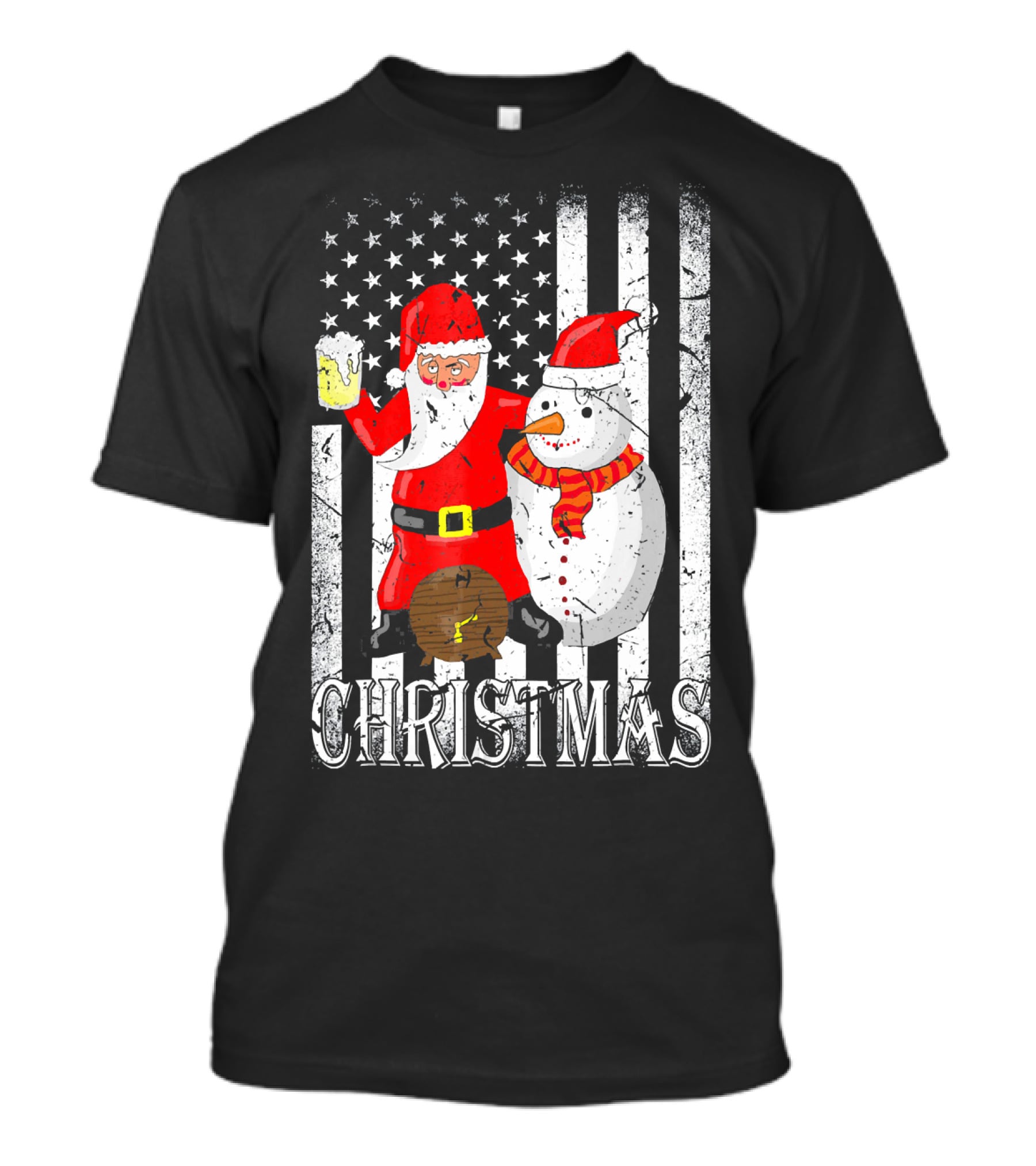 Christmas Santa Claus Snowman With Beer American Flag T-Shirt