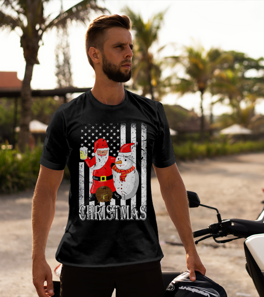 Christmas Santa Claus Snowman With Beer American Flag T-Shirt