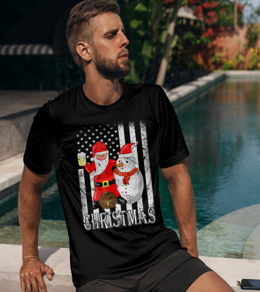 Christmas Santa Claus Snowman With Beer American Flag T-Shirt