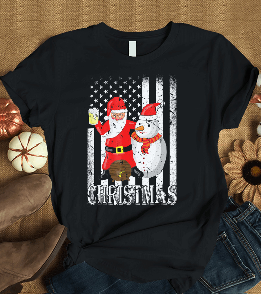 Christmas Santa Claus Snowman with Beer American Flag T-Shirt