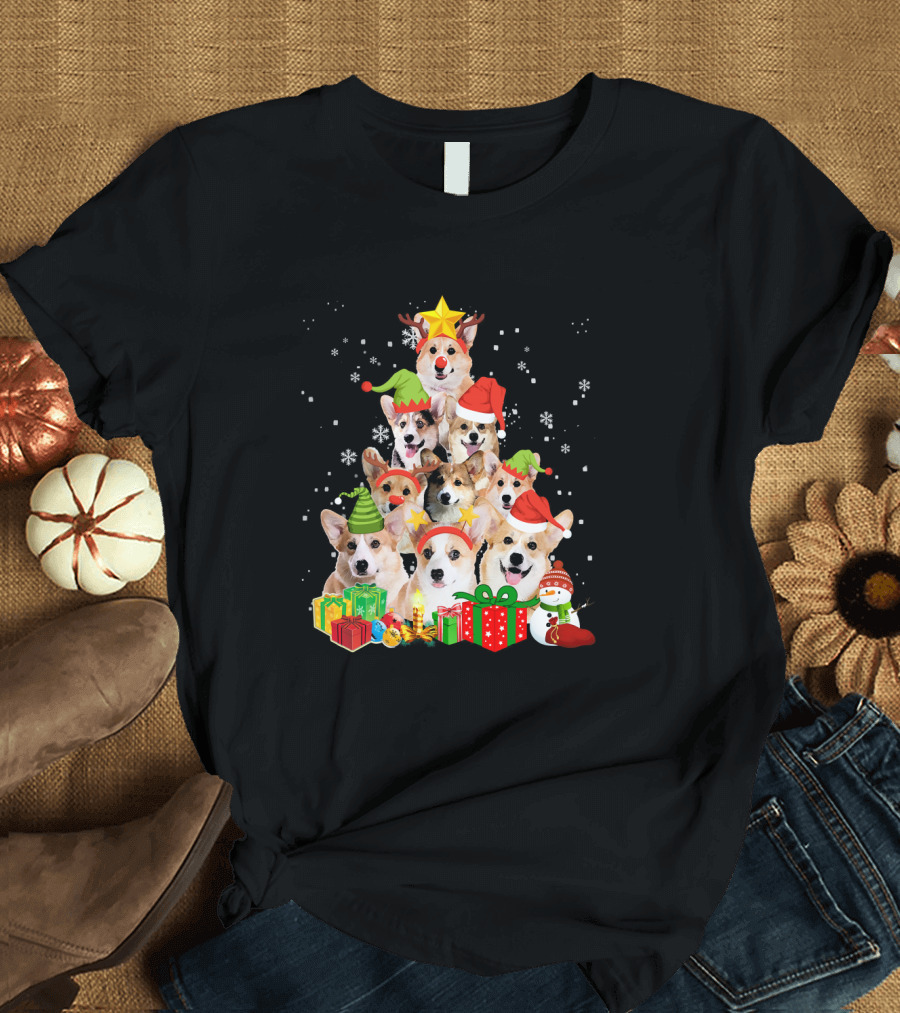 Corgi Christmas Tree with Snowflakes and Holiday Hats T-Shirt