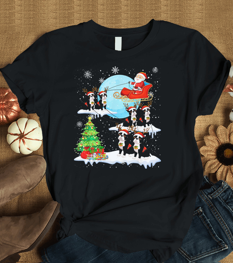 Santa Sleigh with Boston Terrier Reindeer and Christmas Tree T-Shirt