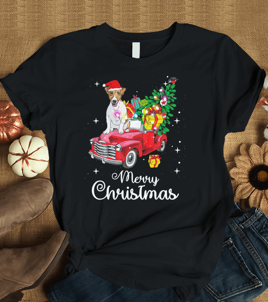 Merry Christmas Jack Russell Terrier Riding Red Truck with Gifts and Santa Hat T-Shirt