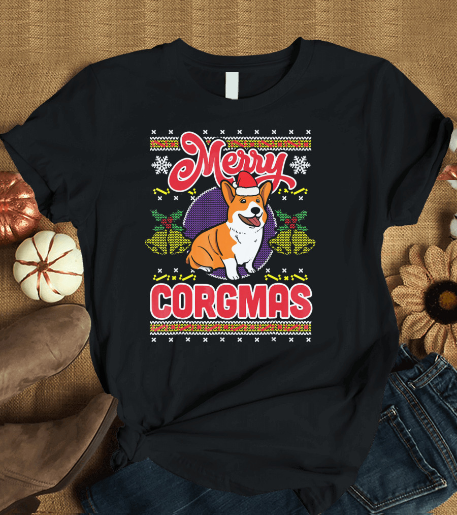 Merry Corgmas Ugly Christmas Corgi Dog Santa Hat Snowflakes Holiday T-Shirt