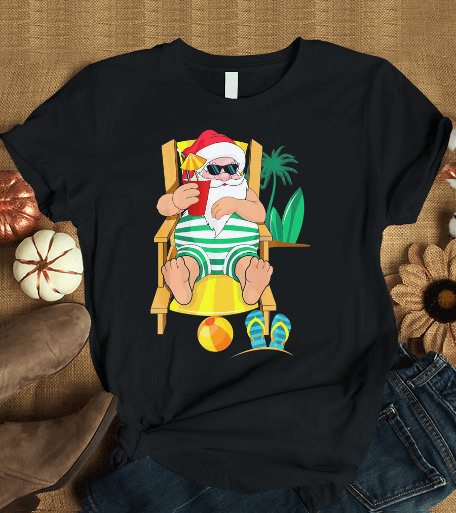 Christmas in July Santa Relaxing on Beach Chair with Cocktail and Palm Tree T-Shirt