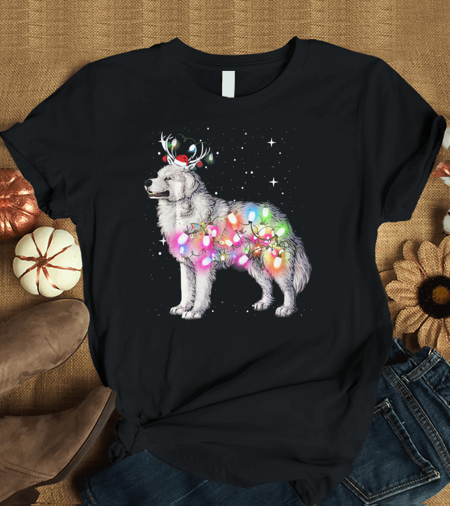 Christmas Lights Great Pyrenees with Reindeer Antlers and Santa Hat T-Shirt