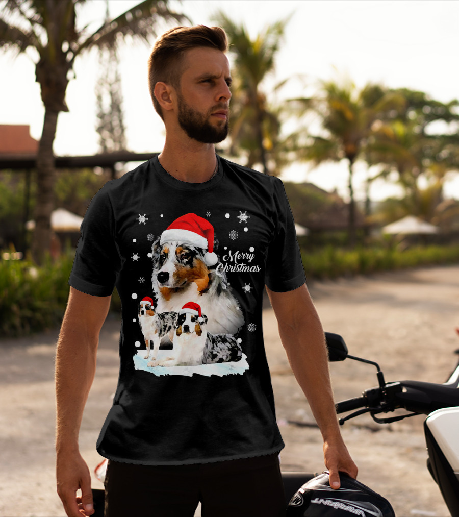 Australian Shepherds Merry Christmas Santa Hats Snowflakes T-Shirt