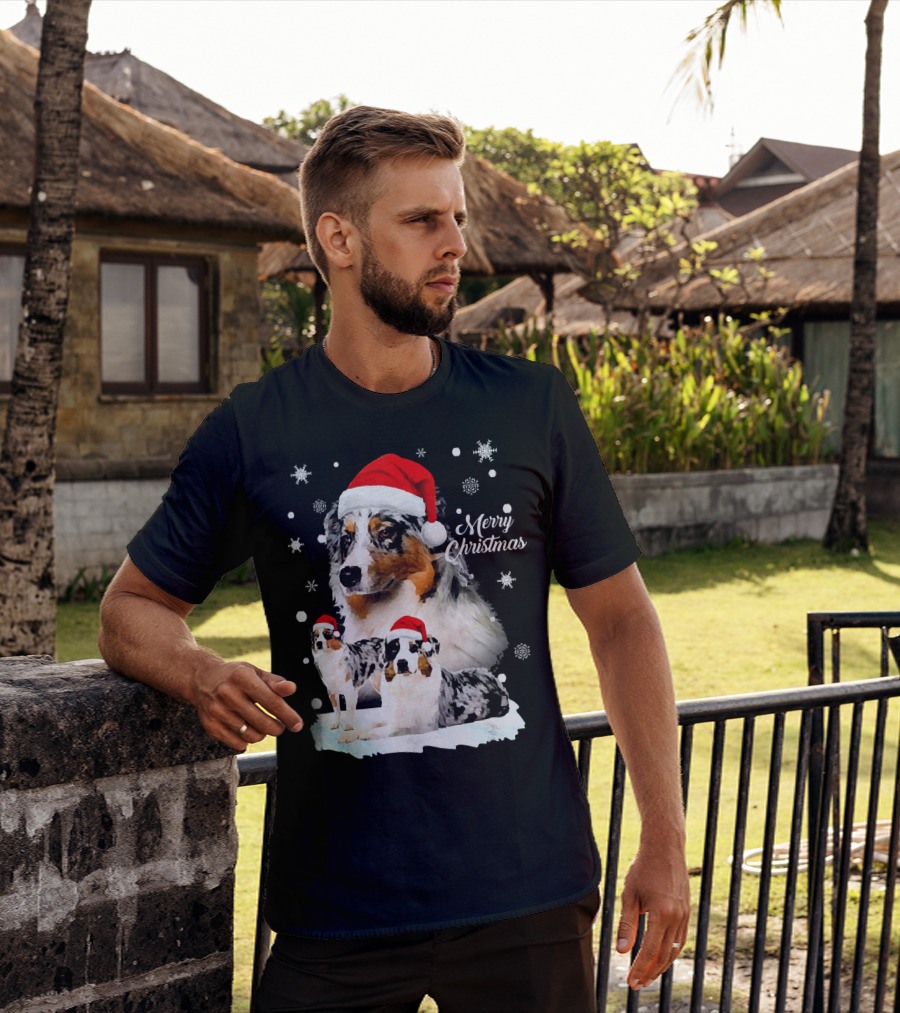 Australian Shepherds Merry Christmas Santa Hats Snowflakes T-Shirt