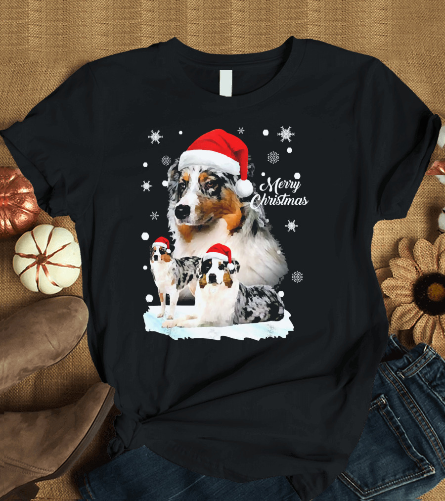 Australian Shepherds Merry Christmas Santa Hats Snowflakes T-Shirt