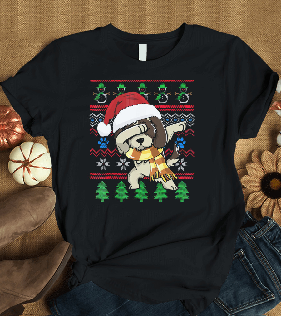 Shih Tzu Dabbing UglyStyle Christmas Santa Hat Scarf Snowflakes Trees T-Shirt