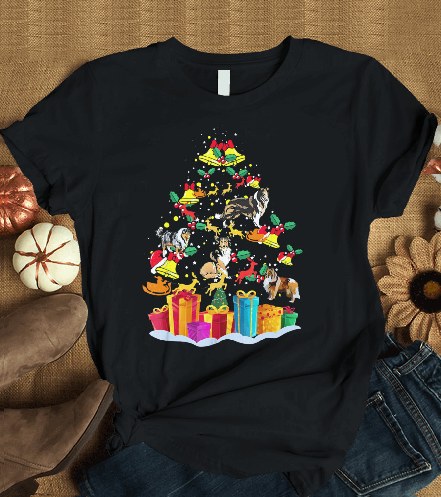 Rough Collie Christmas Tree Funny Reindeer Presents Holiday Bells T-Shirt
