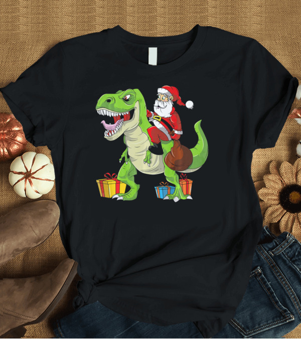 T-Shirt: Funny Christmas Kids Santa Riding Dinosaur with Gifts T-Shirt Funny Christmas Kids Santa Riding Dinosaur with Gifts T-Shirt