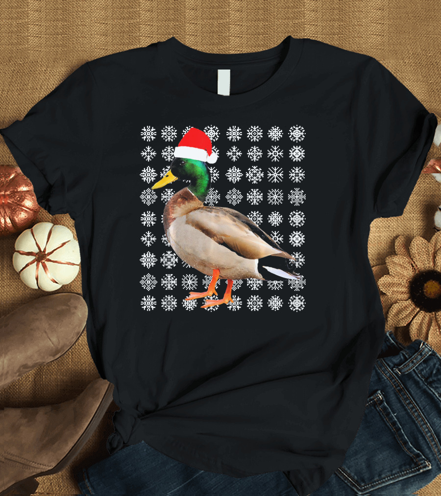 Mallard Duck in Santa Hat with Snowflake Pattern Background T-Shirt