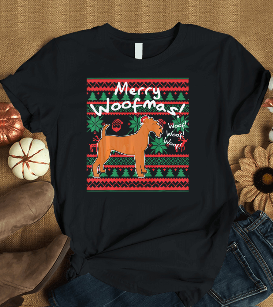 Merry Woofmas Irish Terrier Dog Woof Woof Santas Hat Fair Isle Pattern Sweater Holiday T-Shirt