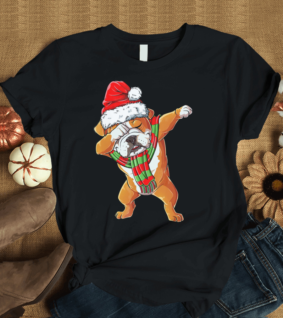 Dabbing English Bulldog Santa Claus with Christmas Hat and Scarf T-Shirt