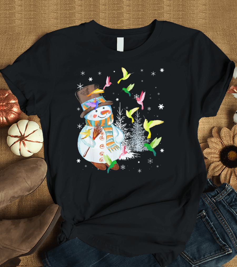 Merry Hummingbird Snowman with Colorful Birds and Snowflakes T-Shirt