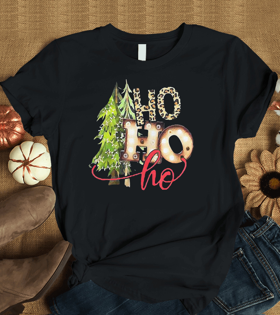 Pine Trees Ho Ho Ho Christmas Lights Leopard Print T-Shirt