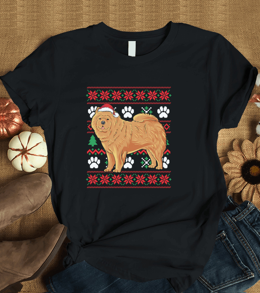 Chow Chow Ugly Christmas Sweater with Santa Hat and Paw Prints T-Shirt
