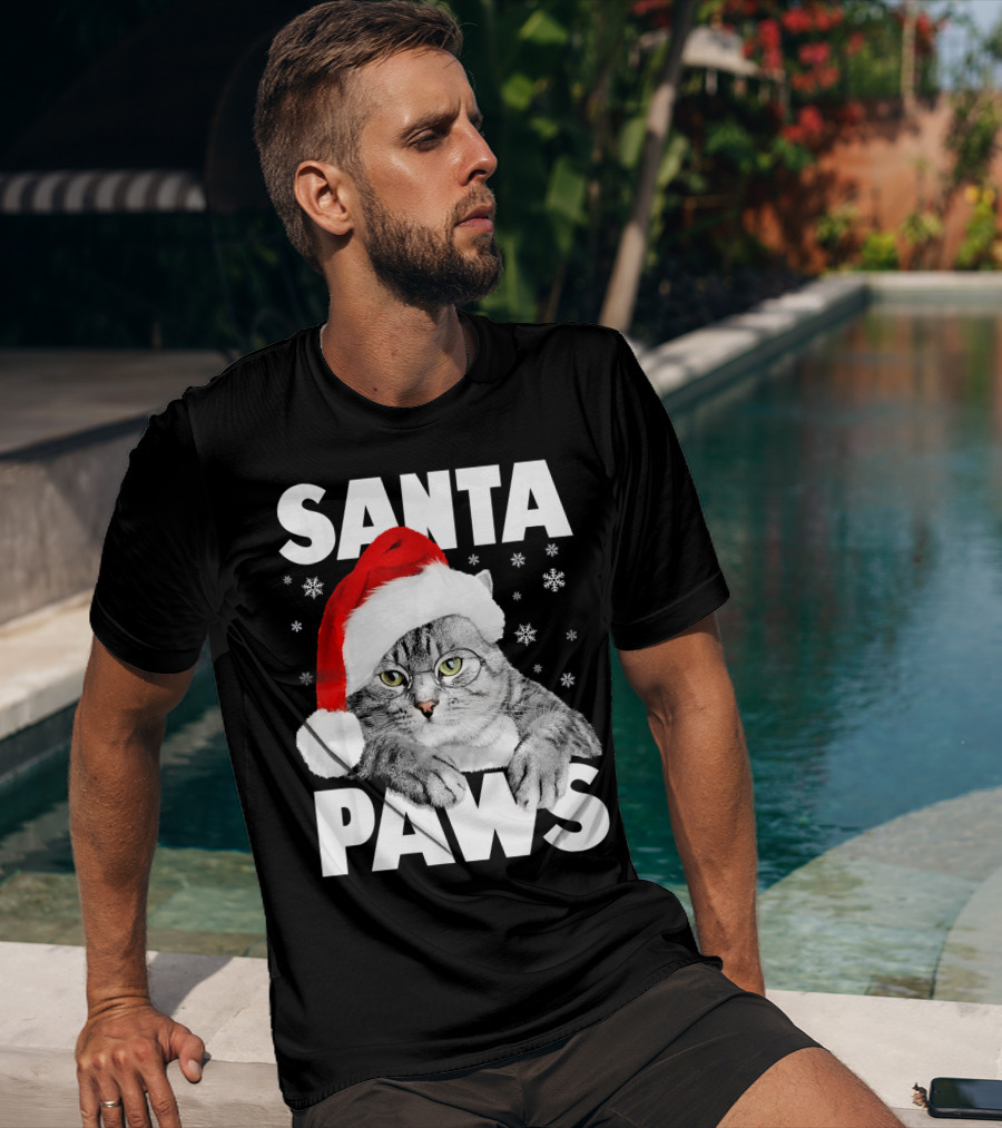 Santa Paws Christmas Kitty Cat Funny Graphic Snowflakes Hat T-Shirt