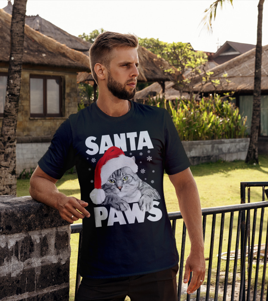 Santa Paws Christmas Kitty Cat Funny Graphic Snowflakes Hat T-Shirt