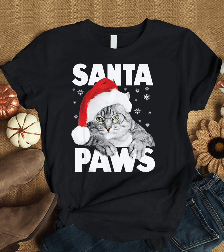 Santa Paws Christmas Kitty Cat Funny Graphic Snowflakes Hat T-Shirt