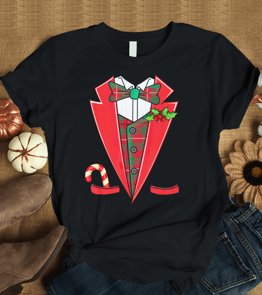 Tuxedo Christmas Fancy Xmas Co Red Plaid Bowtie Candy Cane Holiday Jacket T-Shirt