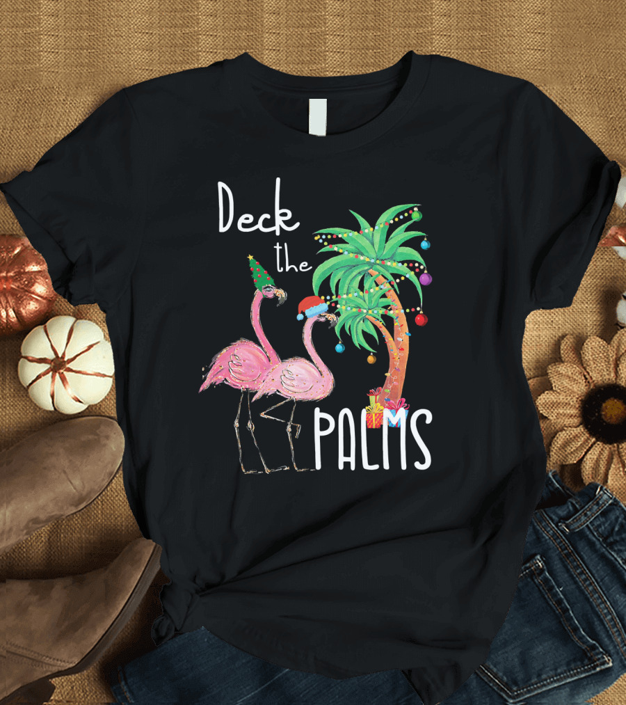Deck The Palms Christmas Flamingo Family Tropical Holiday Scene T-Shirt